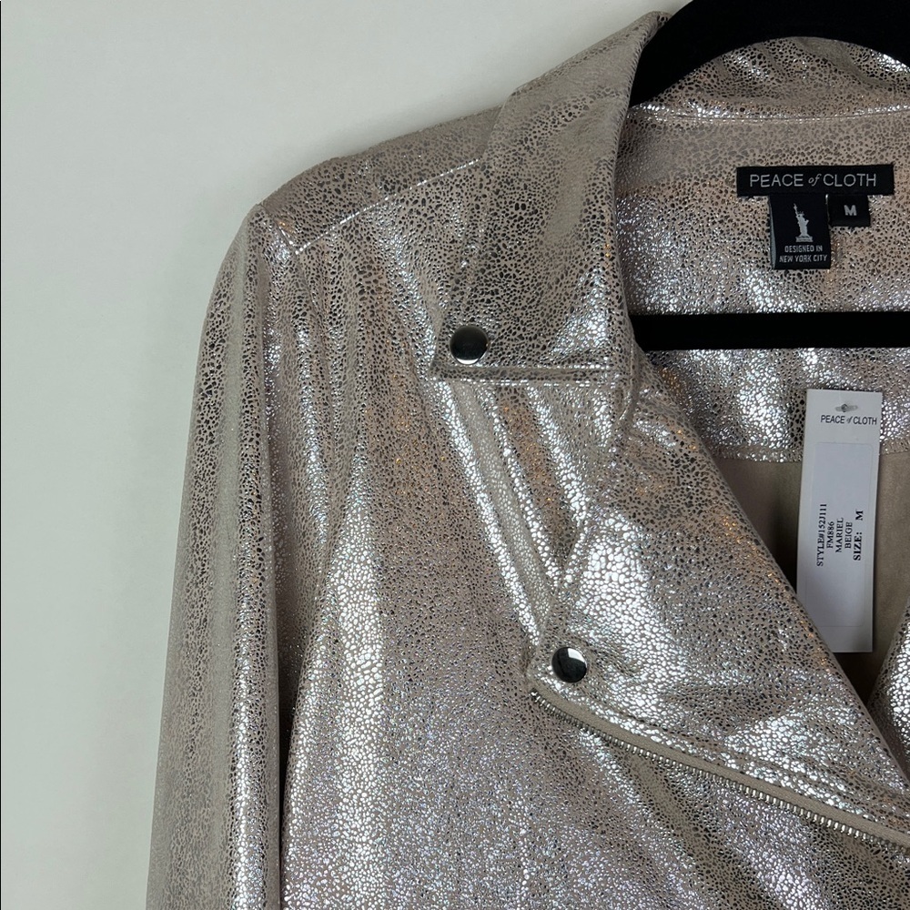 NWT Peace of Cloth Mariel Foiled Suede Moto Jacket Metallic Gold Beige Medium - Picture 6 of 14